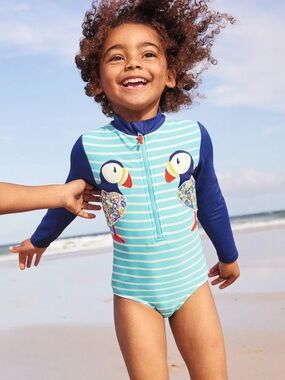 Mini Boden Swimsuit Stripe Puffin Rash Guard Long Sleeve NWT 7/8